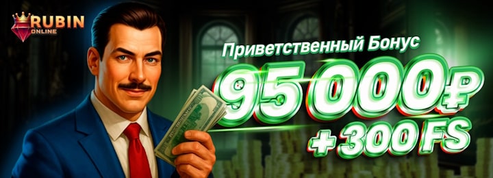 95000 руб + 300 FS приветственный бонус за регистрацию в казино Rubin Online